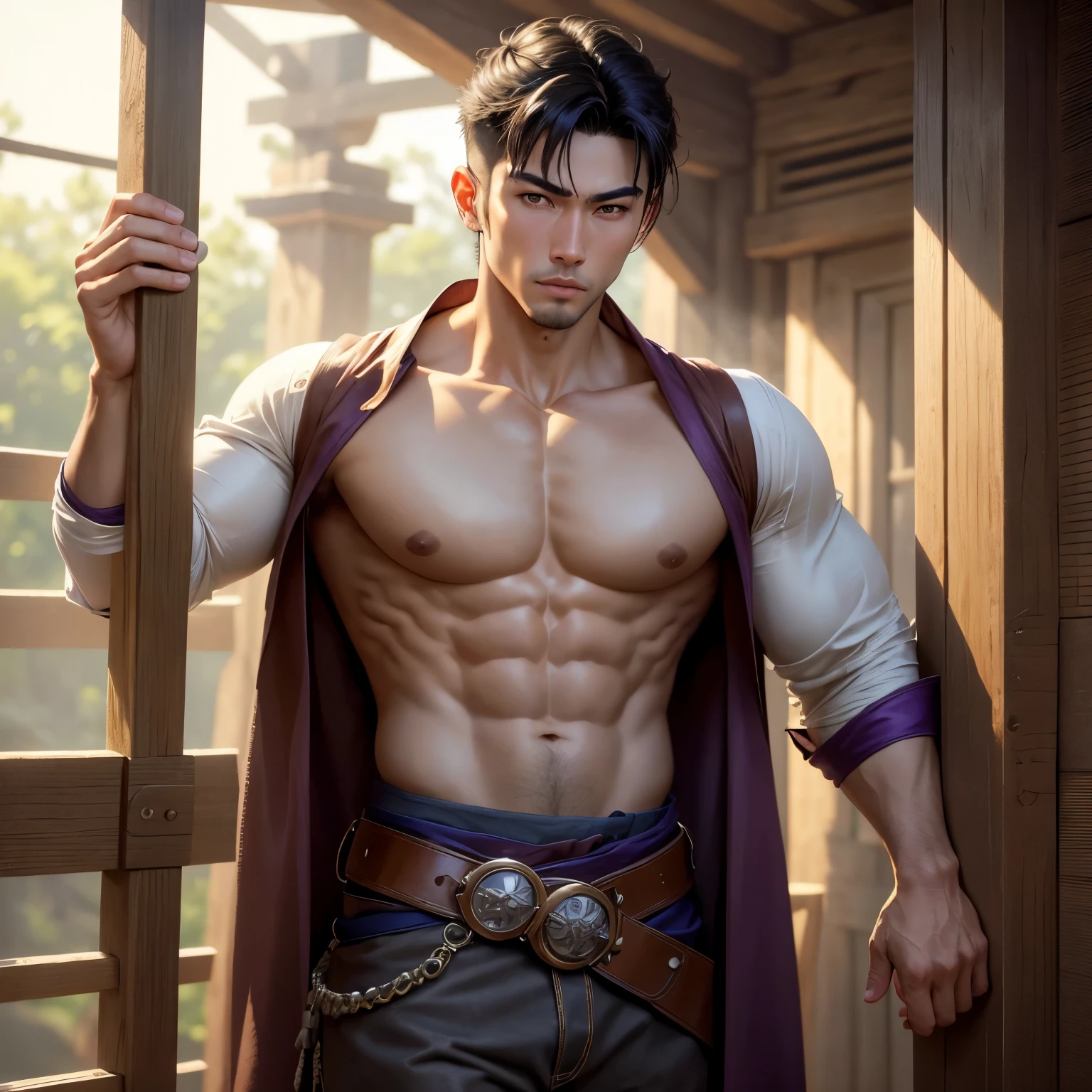 8k, masterpiece, best quality, realistic, higly detailed, cowboy shot, 1boy, solo, Izana Kurokawa, half-Filipino half-Japanese man, average height, large purple eyes, light brown complexion, straight short white hair styled in a center-parted undercut, clothed, medieval, monk, clothed, medieval, monk, 