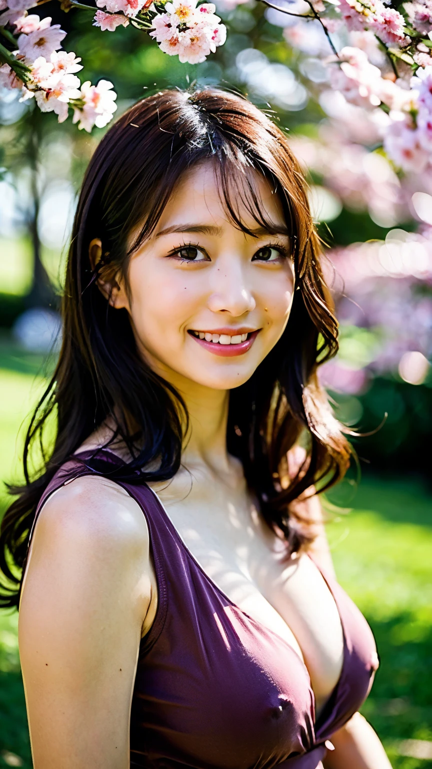 highest quality, Ultra-high resolution, (Realistic:1.4), One girl, ,Under the cherry trees in spring、(Woman looking up at the camera and smiling)。Through the gaps of the cherry blossoms、Photographing her looking up。Long-distance image、wide shot、She was wearing a white open-necked blouse and a pleated skirt.、Over that she wears a loose pink cardigan.。Cherry blossoms fluttering around、The background is a bright green grassland。The images have a bright and refreshing feel.、(((Top view)))It is filmed in。In high resolution、Spring warmth and flowers々The delicate colors of。Facing forward、(Faded grey hair:1), View your viewers, close ,((highest quality, 8k, masterpiece :1.3)), (Random Hairstyles, Huge breasts :1.2), Morning sunlight、Highly detailed face, Fine grain, double eyelid,cute,Mature Milf Young,wonderful,whole body,素敵なPerfect Face、Soft Skin、Perfect Face,Gorgeous long wavy brown hair,8k resolution