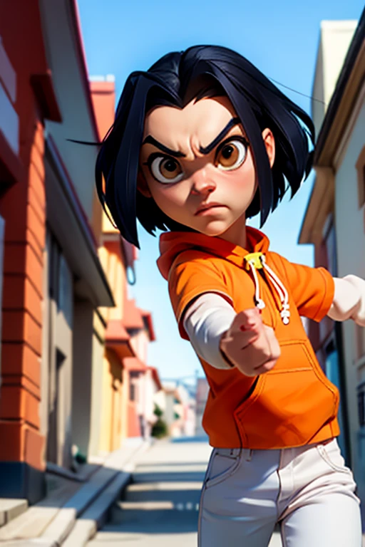 jadechan, short black hair, brown eyes, orange hoodie, short sleeves, white long sleeves, blue pants, looking at viewer, serious, angry, upper body shot, fighting pose, fists, outside, street, alley, town, blue sky, high quality, masterpiece,  