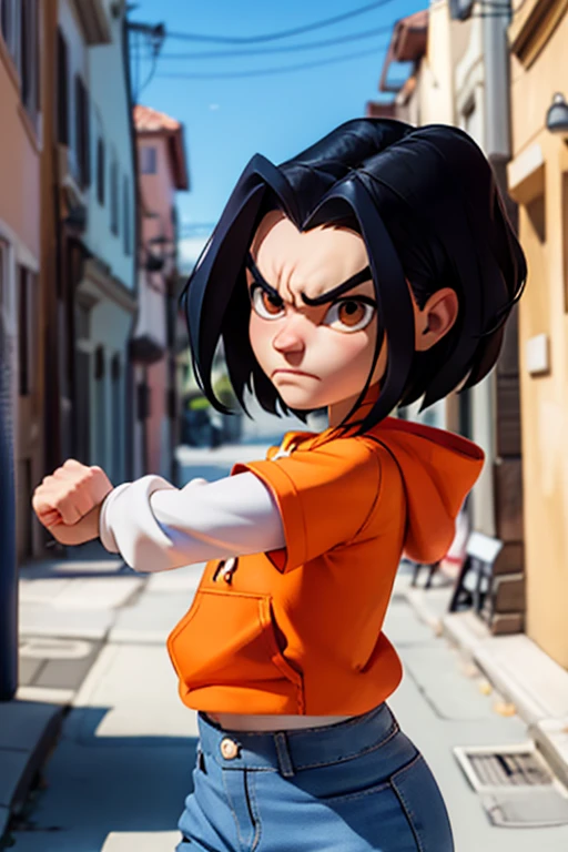 jadechan, short black hair, brown eyes, orange hoodie, short sleeves, white long sleeves, blue pants, looking at viewer, serious, angry, upper body shot, fighting pose, fists, outside, street, alley, town, blue sky, high quality, masterpiece,  