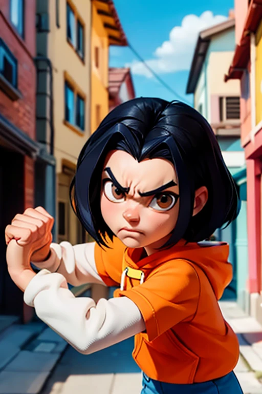 jadechan, short black hair, brown eyes, orange hoodie, short sleeves, white long sleeves, blue pants, looking at viewer, serious, angry, upper body shot, fighting pose, fists, outside, street, alley, town, blue sky, high quality, masterpiece,  