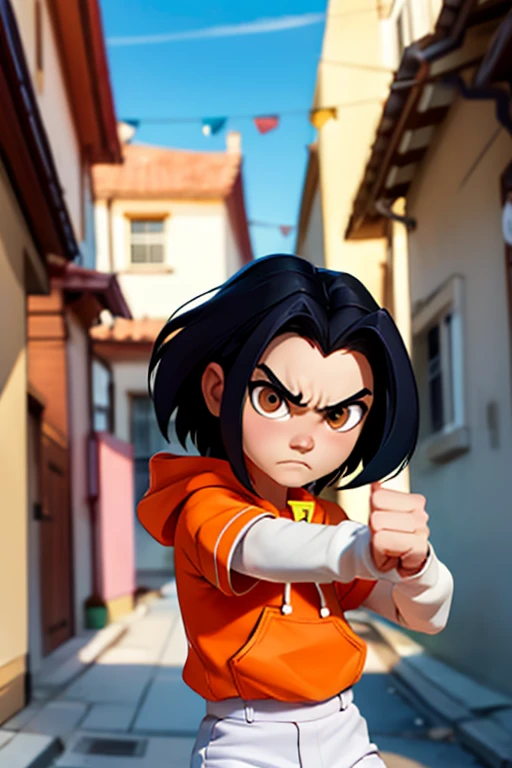 jadechan, short black hair, brown eyes, orange hoodie, short sleeves, white long sleeves, blue pants, looking at viewer, serious, angry, upper body shot, fighting pose, fists, outside, street, alley, town, blue sky, high quality, masterpiece,  