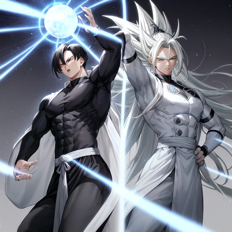Super Saiyajin Supremo, with tall stature,
By the chestnut tree, clad in white and black attire,
Dragon Ball DBZM, aura radiant and full of power,
Lots of action unfolds, in clothing with blue lines,
A robe of pure black and gray, Ki energy abound,
Amidst the lush green background, stands a robotic figure.