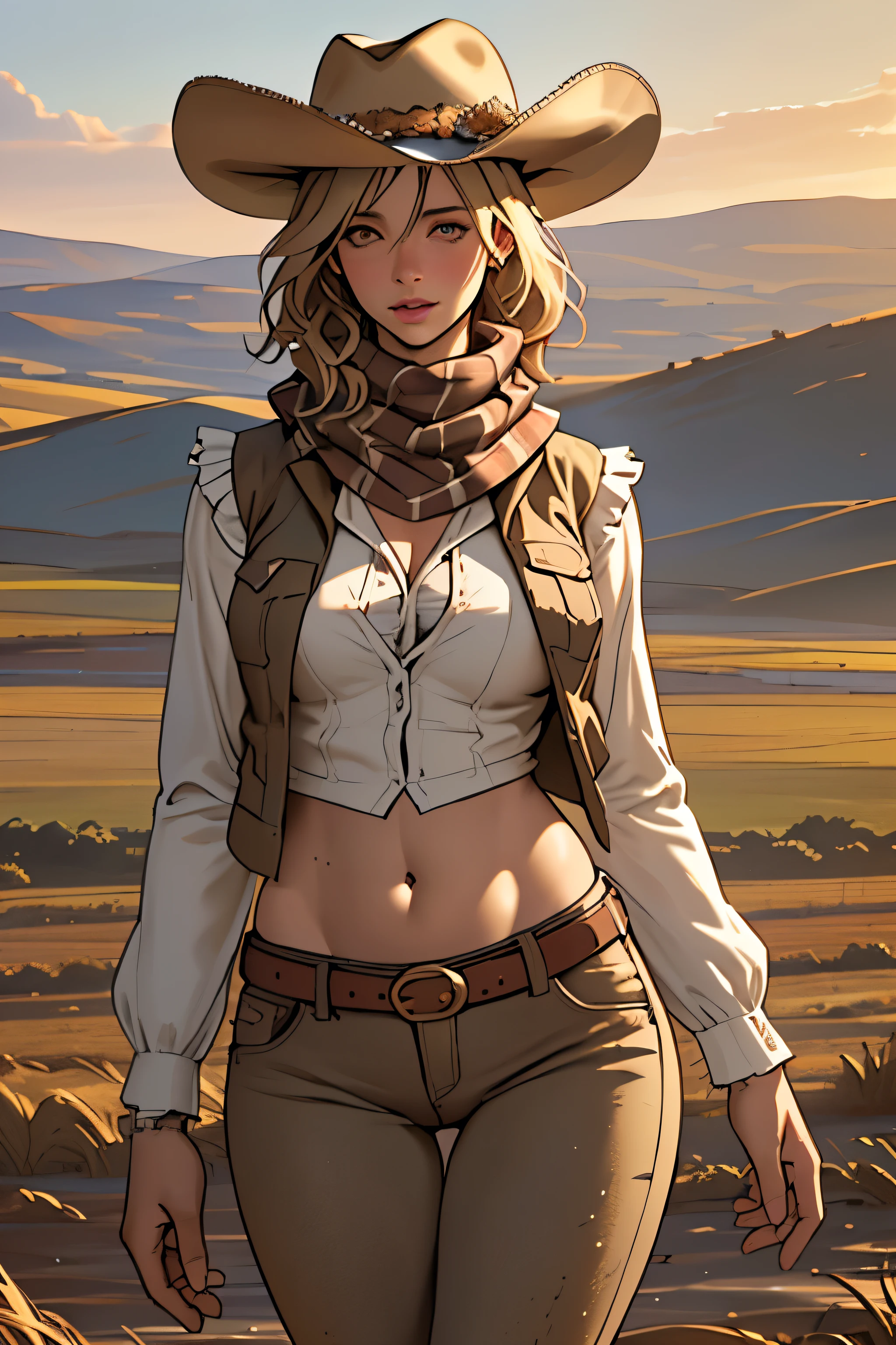 (highest quality, Super detailed, realistic:1.37), outdoor, girl, muddy, detailed and beautiful eyes, beautiful detailed lips, cowboy hat, vest with fringes, slim waist, wide hips, thigh gap, show belly, pants, scarf, With confidence, middle of chest, dusty farm landscape, golden hour lighting