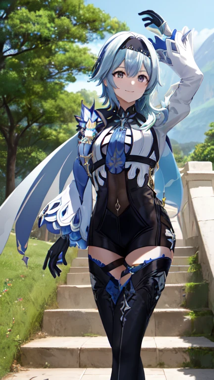 euladef, cuerpo completo, Session, sonrisa, rubor, al aire libre, day, fondo sencillo, blue cielo, cabello corto, cielo, temple, mirando al espectador, Session on stairs, mountain, changing lighting,