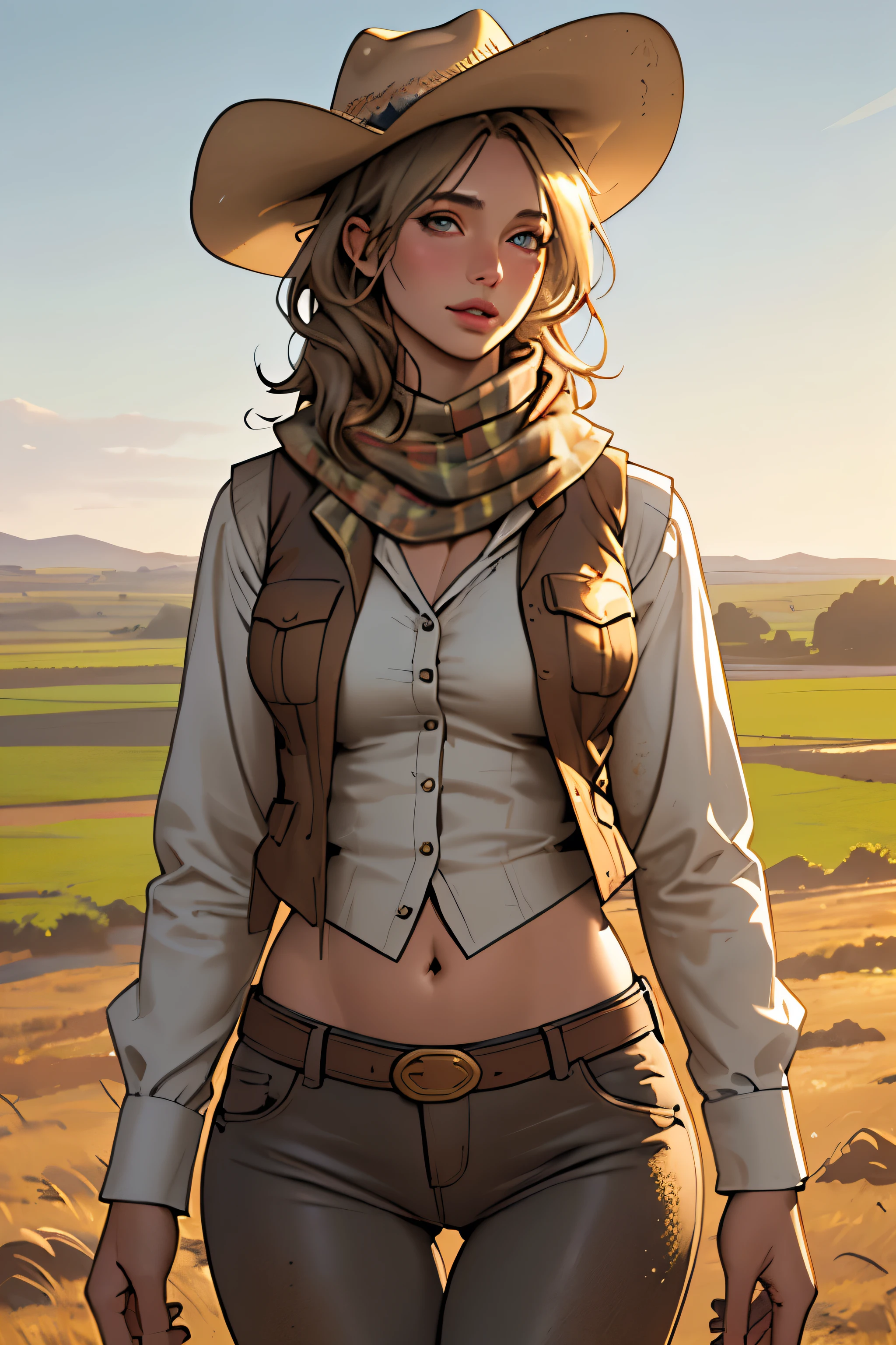 (highest quality, Super detailed, realistic:1.37), outdoor, girl, muddy, detailed and beautiful eyes, beautiful detailed lips, cowboy hat, vest with fringes, slim waist, wide hips, thigh gap, show belly, pants, scarf, With confidence, middle of chest, dusty farm landscape, golden hour lighting