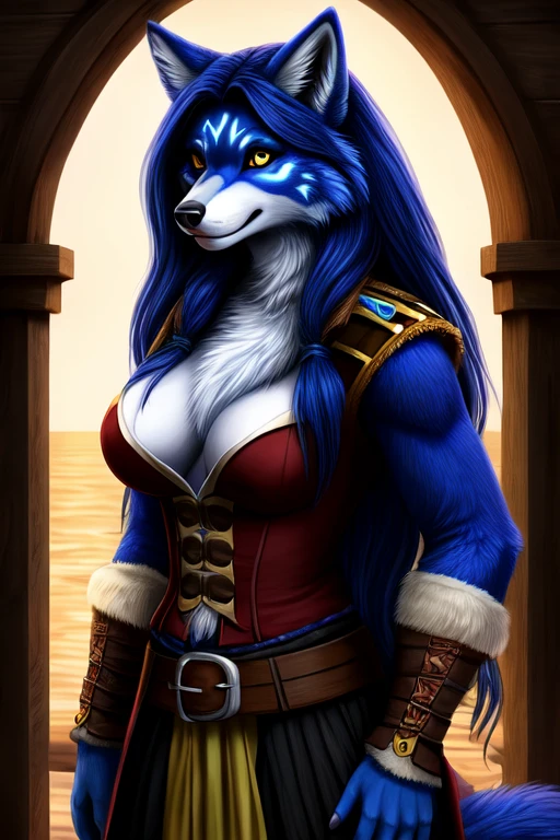 Female, anthro wolf, full , standing, perfect, realistic looking, fur body, fur all over, bioluminescent markings, very long hair, Pirate, fully clothed,