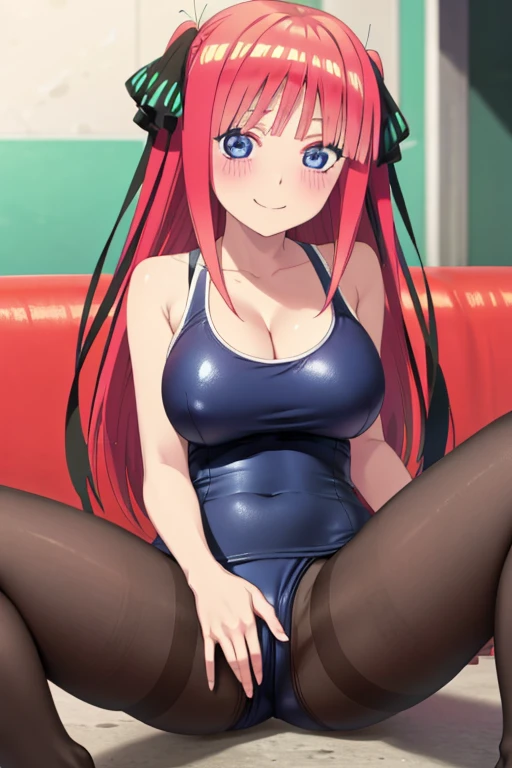 best quality, ultra-detailed masterpiece, anime art style, cute character, nino nakano, large breasts, blush, smile, one-piece swimsuit, pantyhose, pussy focus, open legs