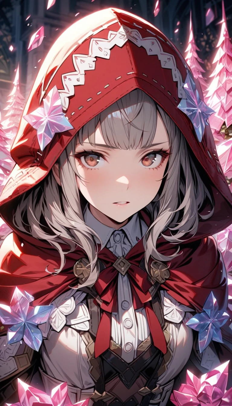 absurdres, highres, ultra detailed, HDR, masterpiece, extremely detailed face and eyes, Velouria, grey hair, expressive brown eyes, Fire Emblem Fates, solo, girl, extremely beautiful, pretty, red cape with a hood, pink ice trees, pink ice flowers, pink ice butterflies
