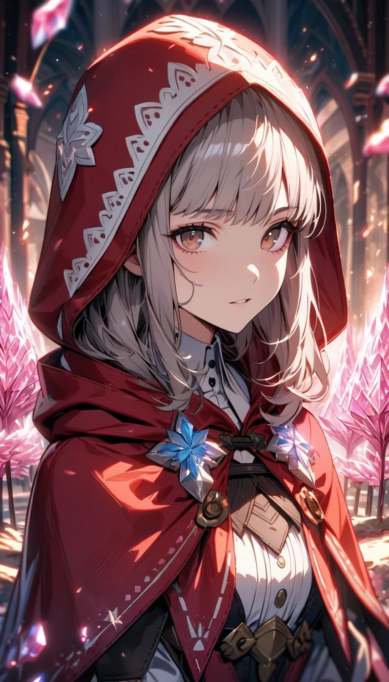 absurdres, highres, ultra detailed, HDR, masterpiece, extremely detailed face and eyes, Velouria, grey hair, expressive brown eyes, Fire Emblem Fates, solo, girl, extremely beautiful, pretty, red cape with a hood, pink ice trees, pink ice flowers, pink ice butterflies