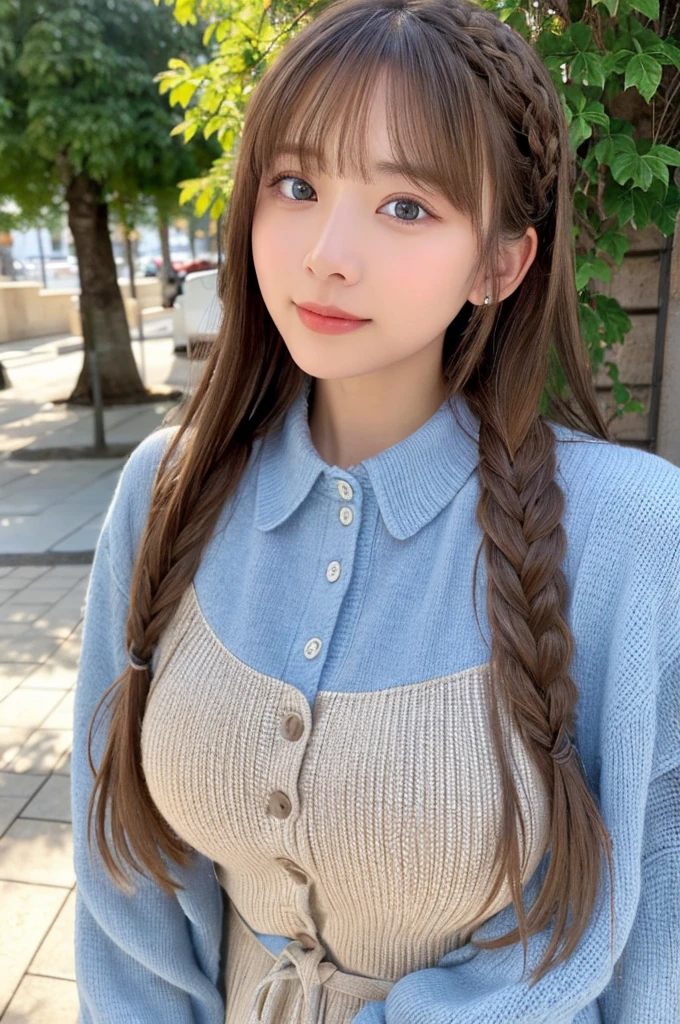 (From below:1),((1girl in)),Light Brown Fringe Hair、Braided hair、disheveled hair、Light brown eyes、(dignified expression)、(Fashionable casual wear),(Big Tits)、Emphasize the valley、Skyscraper District、blue-sky、(Photorealsitic)、(intricate detailes:1.2)、(​masterpiece、:1.3)、(top-quality:1.4)、(超A high resolution:1.2)、超A high resolution、(A detailed eye)、(detailed facial features)