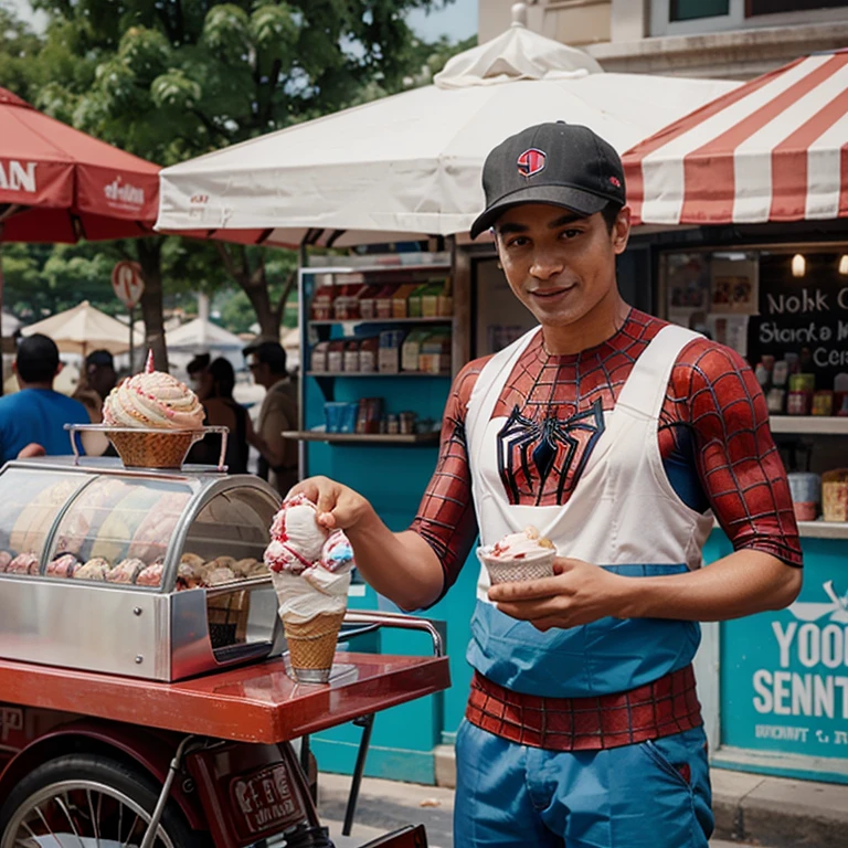 show me spiderman selling ice cream on a ice cream vendor 