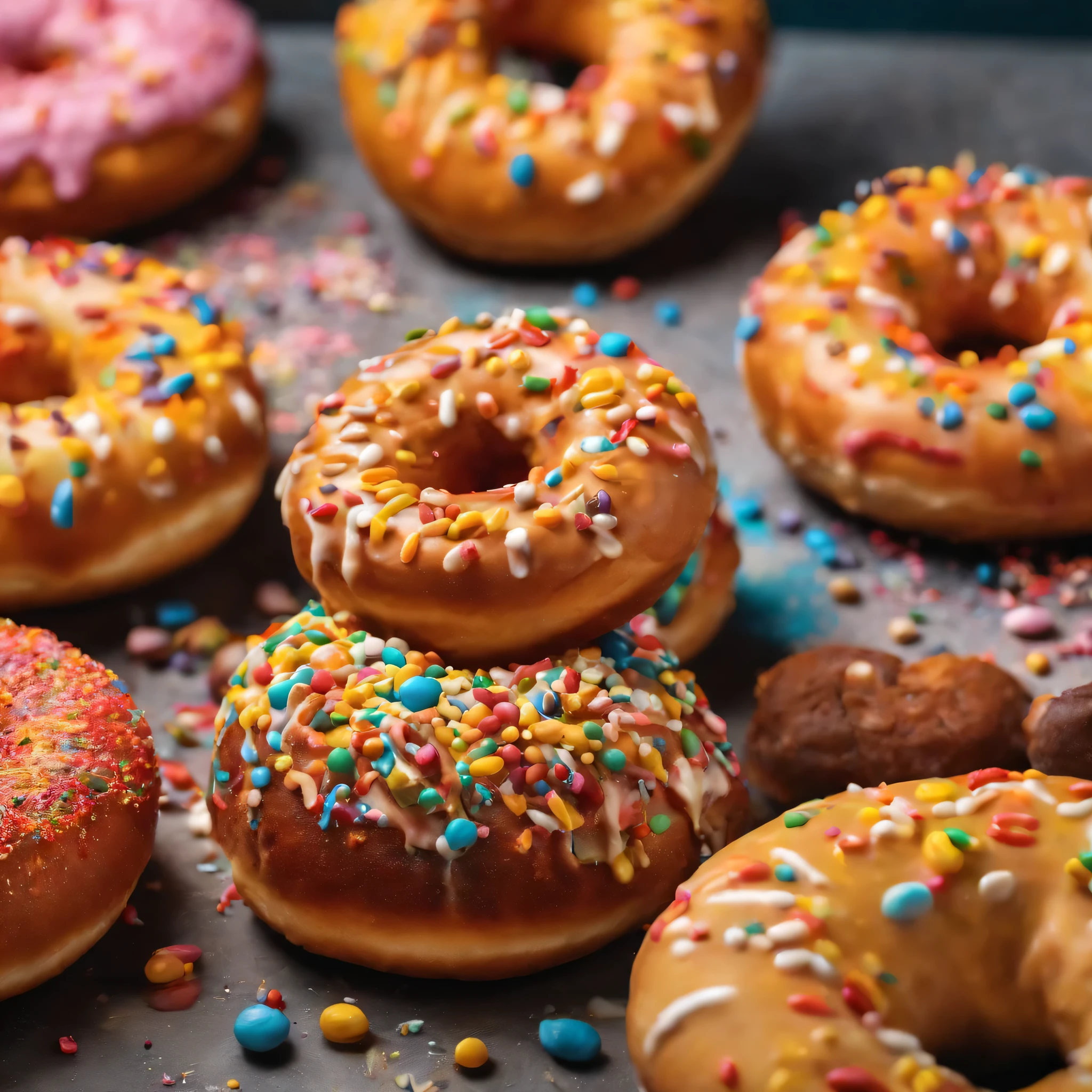 araffe donut with multicolored icing on a table, a photorealistic painting by James Warhola, shutterstock contest winner, art photography, realistic colorful photography, vibrant colors hyper realism, colorful hyperrealism, colorful hd picure, donut, amazing food photography, hyperrealistic digital painting, splash of color, amazing colors, dripping with color, colourfull, blender donut