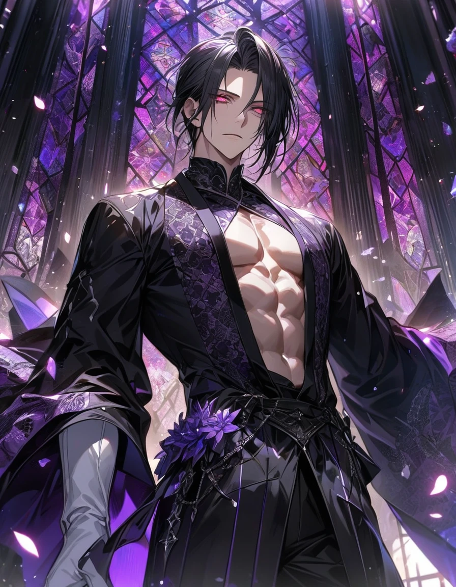 Ultra detailed, HDR, Highres, absurdres, master piece, Sebastian Michaelis, black hair, expressive red eyes, Kuroshitsuji, patterns, black tight shirt, purple stained glass, purple ice, petals, purple ice flowers, sexy man, solo, extremely detailed face and eyes, extremely handsome, glittering, toned chest, glittering eyes, white gloves,