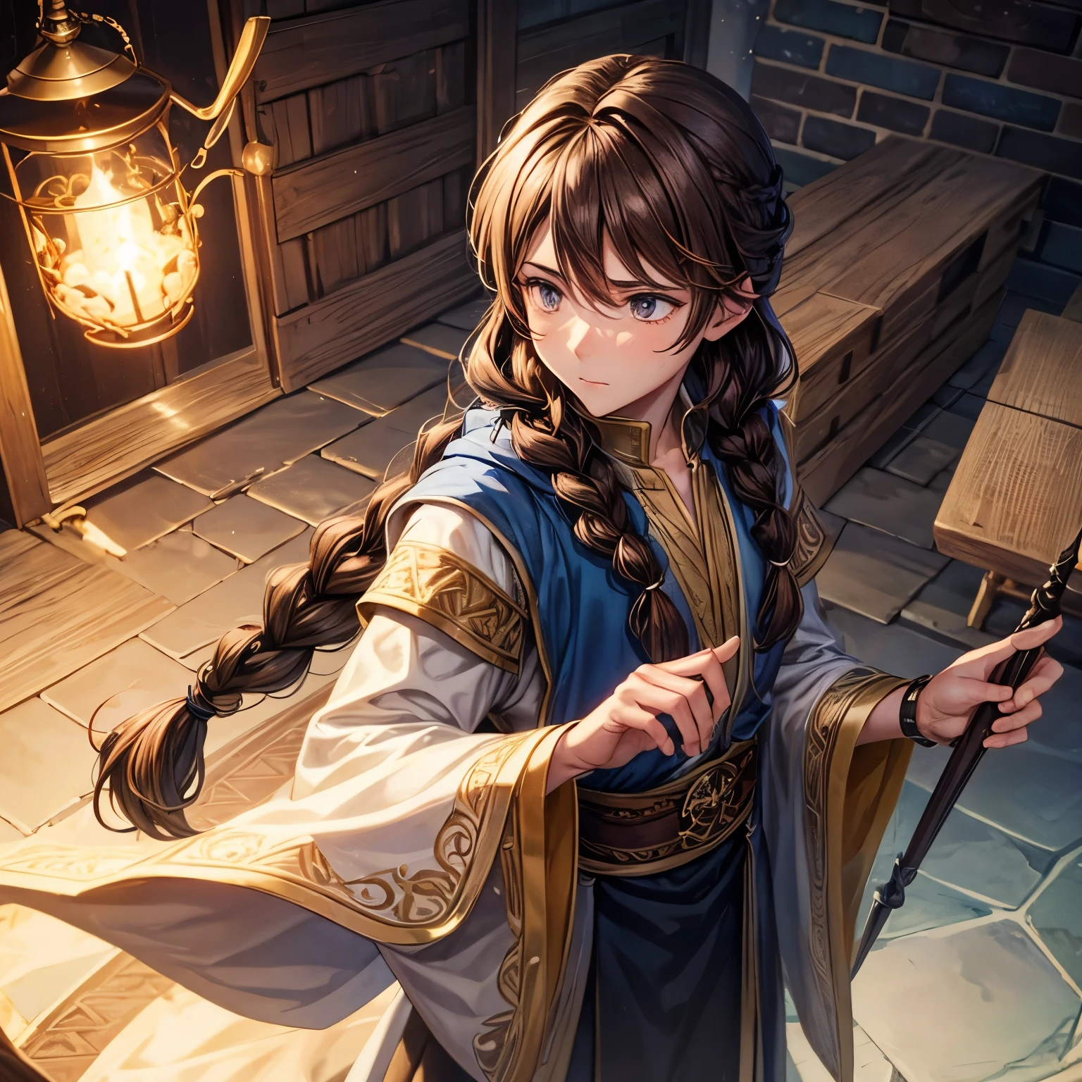 a male wizard with brown hair and braids