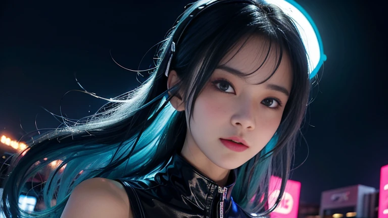 (masterpiece), highest quality, 超High resolution,Girl, サイバーパンク 1 美しい都市景観の上を飛ぶGirl ,Headphones,Blue Hair, Neon colorの流れ星, Very long hair, Off the shoulder, Neon color, Blink, Amazing night sky, Cinema Lighting, Realistic, Realistic Skin, High resolution,Fisheye Lens,Wearing a see-through transparent rubber suit,