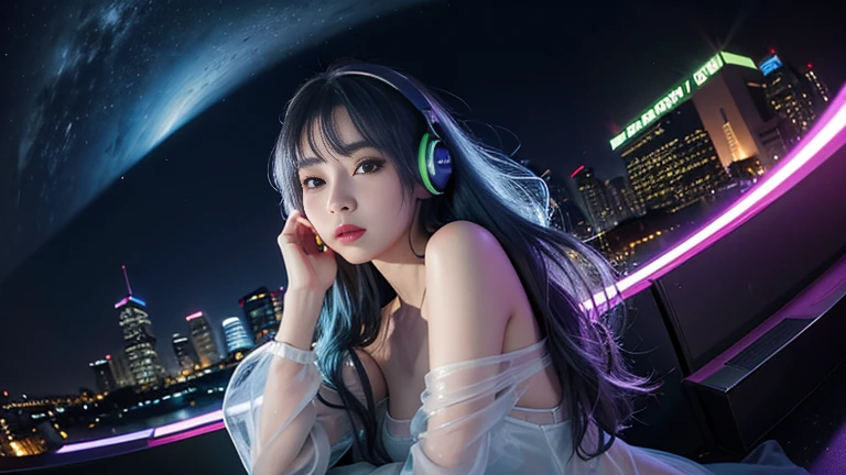(masterpiece), highest quality, 超High resolution,Girl, サイバーパンク 1 美しい都市景観の上を飛ぶGirl ,Headphones,Blue Hair, Neon colorの流れ星, Very long hair, Off the shoulder, Neon color, Blink, Amazing night sky, Cinema Lighting, Realistic, Realistic Skin, High resolution,Fisheye Lens,Wearing a see-through transparent rubber suit,