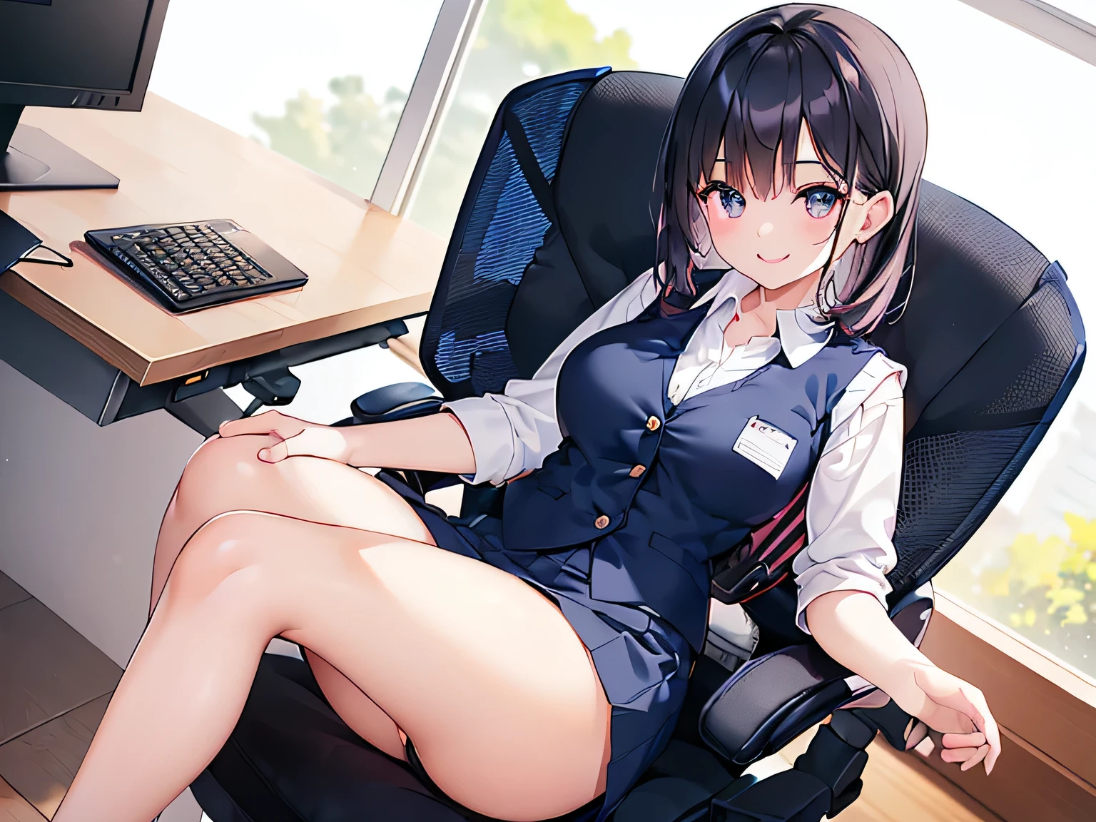 (Masterpiece, highest quality, high resolution, realistic photo, realistic skin: 1.1),
(Woman sitting in company mesh office chair working: 1.5),
(Smiling face: 1.5),
(She is wearing the company uniform of a white shirt, navy blue vest with open front buttons, and a navy blue tight skirt: 1.8),
(She is wearing black pumps on her feet: 1.5),
(Panties are pink with a pink pattern: 1.5),
(Black hair, medium length: 1.5),
(Location: Mesh office chair at work: 1.5),
1 Japanese Female, Solo, Full-Bodied Esbian, Beautiful Eyes, Glowing Eyes, Glowing Thighs, NSFW