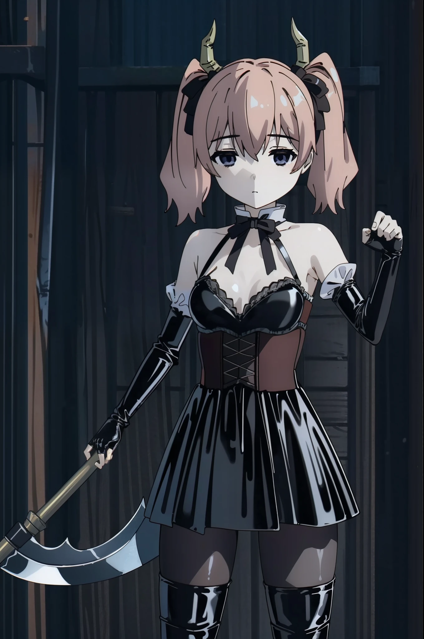 chibi、、low length、 body type、Slender body、BDSM、Queen、mistress、One girl、solo、(((Long gloves covered to the fingertips in black latex:1.4 )))、(((Black latex corset dress:1.4)))、(((The corset dress is decorated with beautiful lace.)))、(((corset dress with shoulder straps)))、(((Black latex tight mini skirt:1.4)))、(((Black Thigh Boots)))、Stiletto heels、(((Black latex panties)))、(((Black latex bra)))、(((Black leather collar)))、Bare shoulders、(((Sexy pose:1.4)))、(((Wide-open legs)))、(((Erotic:1.4)))、(((Cowboy Shot)))、Pitch black、Night Forest、Medieval European cityscape、Linear,One girl,alone,Short pigtails,Hair between the eyes,Pink Hair,Medium Hair,Devil horns,Dark red hair ribbon,Pointed Ears,Purple eyes with no highlights,Small Bust、Flat Chest、Boyish breastary Jane,Outdoor,Battle Axe,He has a big axe in his right hand, Amazing visuals, High resolution,masterpiece,highest quality,Amazing visuals,High resolution,masterpiece,highest quality,14 years old,young woman,Beautiful fingers,Beautiful long legs,Beautiful body,Beautiful character design、(((Expressionless:1.4)))、
