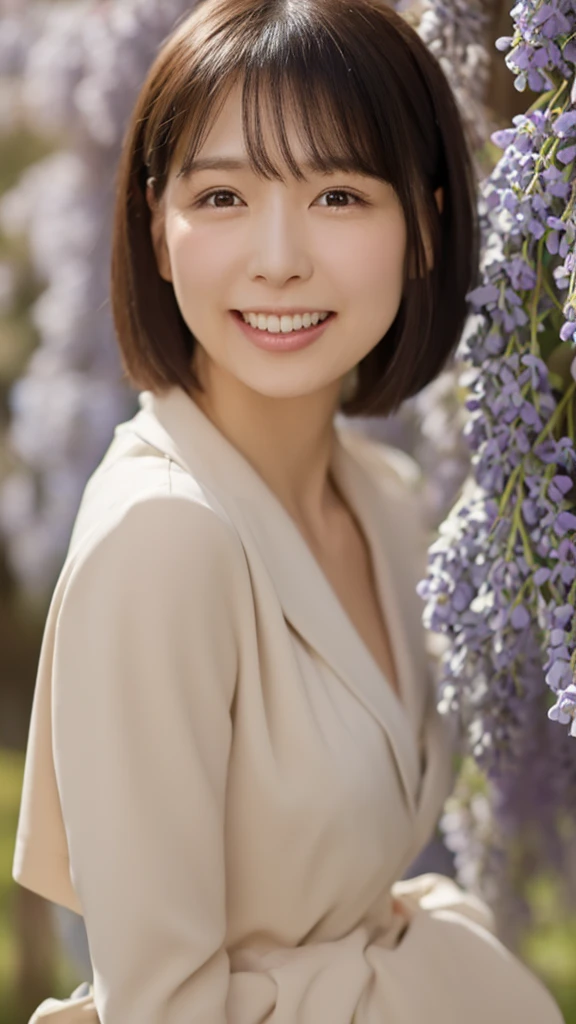 ((Top Quality)), ((8K)), ((Masterpiece: 1.3)), (Perfect Appearance), (Photorealism: 1.6), (Japanese woman's standing posture), (woman standing under wisteria trellis), japanese woman, (48 years old), ((Realistic skin texture)), (Fine wrinkles throughout the skin: 1.2), (Dull skin), (Skin without moisture) , (Wrinkles on the face: 0.9), (Wrinkles on the corners of the eyes: 1.2), Double eyelids, tear bags on the lower eyelids, The eyes are looking here, smile gently, (Dimples: 1.2), short hairstyle, sitting, jacket over white blouse, high heels, (whole bod), low angle, minami,
