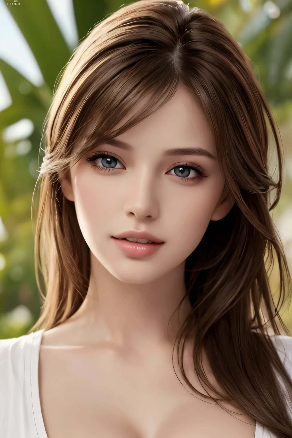 Fashion model 25 years old [[[[close-up]]], [[[[chest]]]], [[[[neck]]], [shoulders]]]]], Perfect eyes, Perfect iris, Perfect lips, Perfect teeth, Perfect skin, Soft front light, Glow, HDR, (Soft color: 1.2), Best quality, masterpiece, ultra high res, (photorealistic:1.37), raw photo, 1girl, long hair, beautifull eyes,  beautifull face, detailed eyes and face, t-shirt, dynamic lighting, table top, highest quality, realistic, Super detailed, finely, High resolution, 8k wallpaper, 1 beautiful woman, light brown messy hair, He is wearing an open-necked shirt., sharp focus, perfect dynamic composition, beautiful and detailed eyes, thin hair, Detailed realistic skin texture, smile, close-up portrait, model body shape, mile, close-up portrait, model body shape, body shape,cleavage, tropical beach, thin and long legs Translated with DeepL.com (free version)
