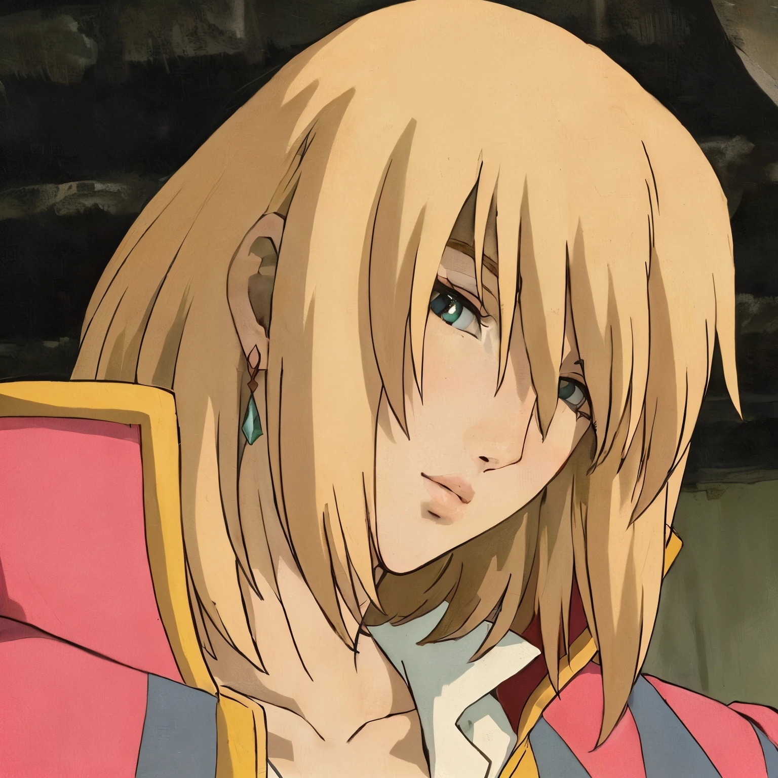 Imagen anime de una mujer con cabello rubio y una chaqueta rosa., boromir in an 80\El mundo del anime, howls Castillo en movimiento, howl's Castillo en movimiento, howl&#39;s moving castle, personaje animado, as an personaje animado, female personaje animado, chica anime llamada lucy, okita sougo, estilo en el anime ghibli, Castillo en movimiento, pueblo de alfons