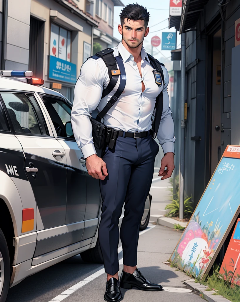 An alluring european man face, natural blue eyes, big feet, black socks, full body, a man in police uniform , large bulge, long legs, slim waist, looking at viewer, 30 years old, muscled and mature chest, short haircut, shirt button undone, blue eyes, flush, organism, confident face, sweating armtip, tight cloth, bulge.