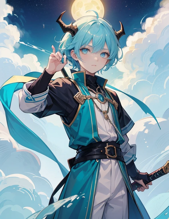 Look like a 20yr young man but is can turn into Serpentine wind dragon (https://www.dragon-mania-legends.wiki/wiki/Wind_Dragon), his hair short made his look like a girl, cyan and sky blue hair color, Silent and calm but kind, yellow eye Color, two long, tapered horns that have a small notch at the bottom, wear a 20yr man adventure outfit color Sky blue with wind Patterns, holding a some weapon that fit his as a wind, main color is alice-blue and sky blue, the gender is male, look like in the Vikings era,