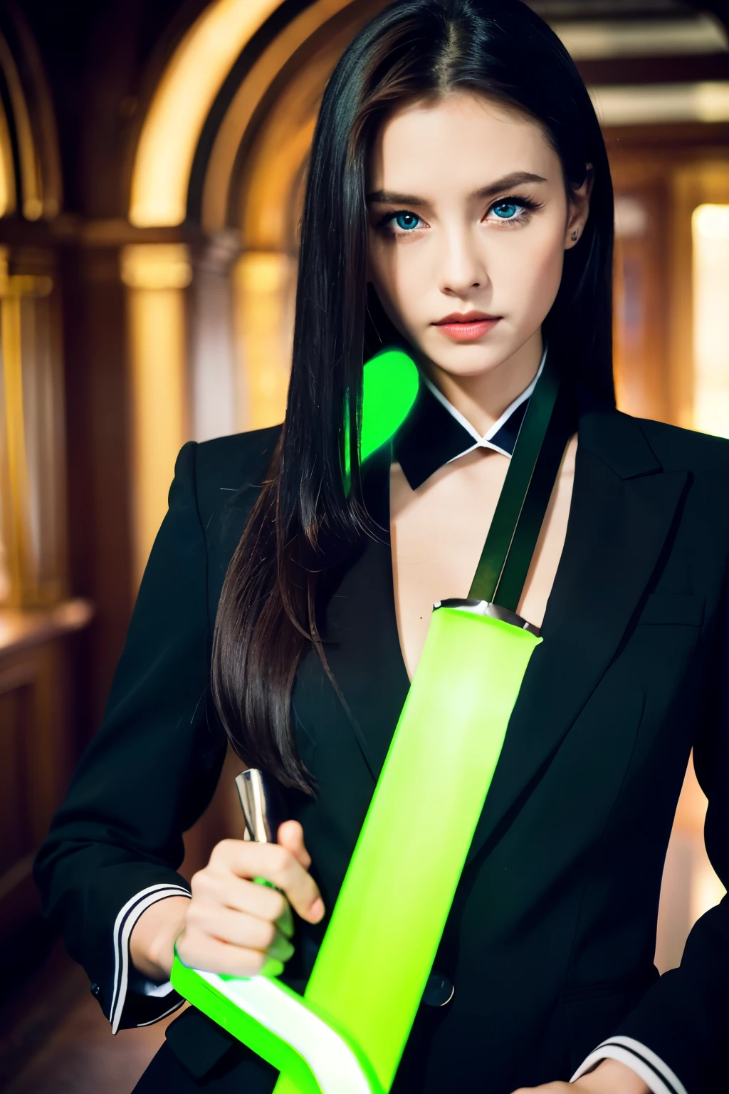 ((best quality)), ((masterpiece)), (detailed), perfect face
A sexy woman is stand in room,
 blue eyes, wearing black white suit and holding a green and yellow sword. The scene appears to be in aurora light,
 with the individual being the main focus of the image.