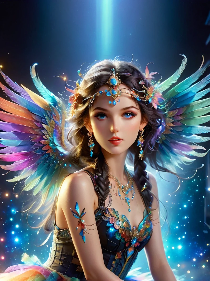 Dramatic depiction of a stunning beauty with glittering wings,Rainbow feathers,She flew over surrealism,Dusk sky,Leaving a trail of stardust behind,Her eyes sparkled with mystery and curiosity.,She is surrounded by floating islands that are not affected by gravity.,Each piece is decorated with brightly colored floating crystals.,Bold and fantastical colors,Create an otherworldly beauty,Use drone cameras to capture unique angles