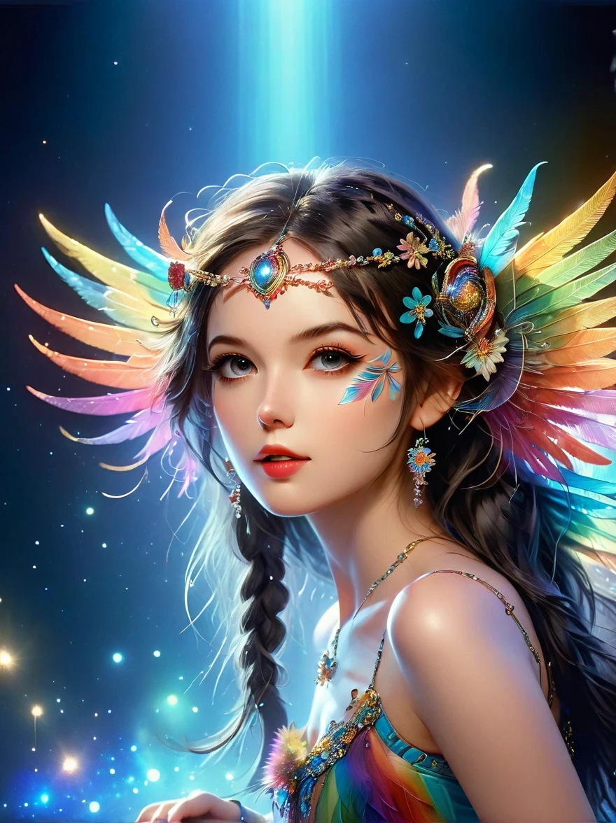 Dramatic depiction of a stunning beauty with glittering wings，Rainbow feathers，She flew over surrealism，Dusk sky，Leaving a trail of stardust behind，Her eyes sparkled with mystery and curiosity.，She is surrounded by floating islands that are not affected by gravity.，Each piece is decorated with brightly colored floating crystals.，Bold and fantastical colors，Create an otherworldly beauty，Use drone cameras to capture unique angles