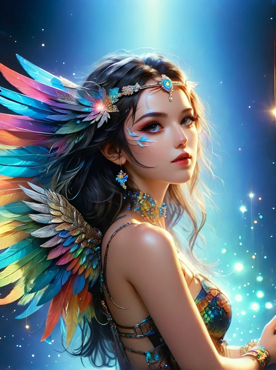Dramatic depiction of a stunning beauty with glittering wings,Rainbow feathers,She flew over surrealism,Dusk sky,Leaving a trail of stardust behind,Her eyes sparkled with mystery and curiosity.,She is surrounded by floating islands that are not affected by gravity.,Each piece is decorated with brightly colored floating crystals.,Bold and fantastical colors,Create an otherworldly beauty,Use drone cameras to capture unique angles