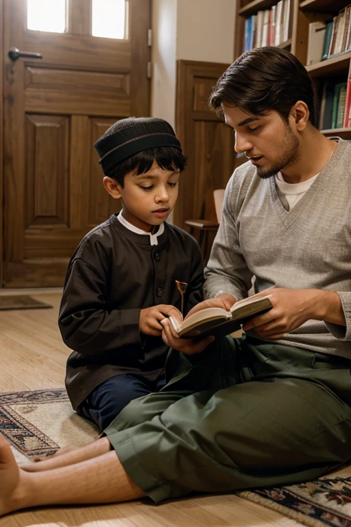 two 7 year old male students wearing Muslim clothing are seen sitting cross-legged on the floor facing a 20 year old male sitting in a chair holding a book who is seen giving an explanation to his students, inside the mosque, ((best quality)), ((masterpiece)), (detailed), perfect face German face