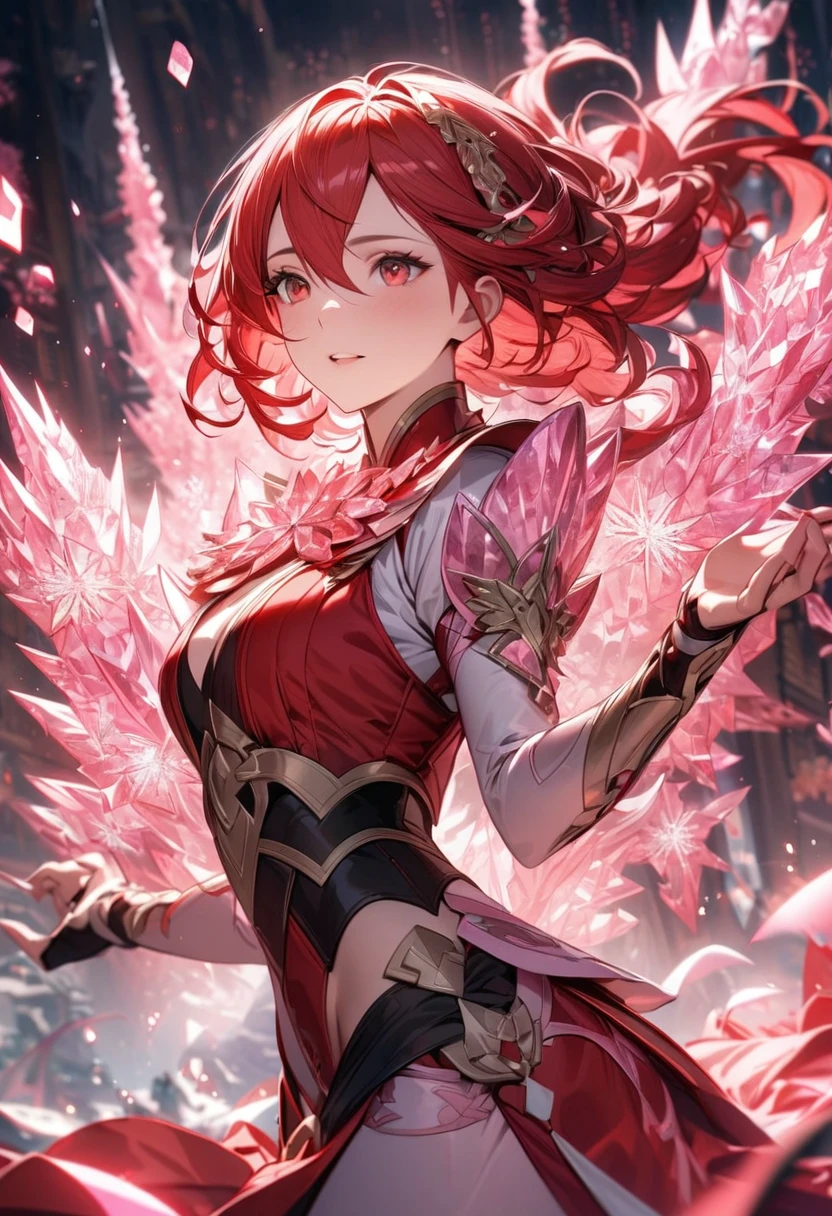 absurdres, highres, ultra detailed, HDR, masterpiece, extremely detailed face and eyes, Caldeori, red hair, expressive red eyes, Fire Emblem Fates, solo, girl, extremely beautiful, pretty, red clothes, pink ice trees, pink ice flowers, pink ice butterflies