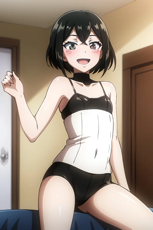((highest quality)), ((masterpiece)), (be familiar with), Perfect Face, indoor, Bedroom, Watching the audience,
One woman, Antiline Helan Fouché,
Open Mouth, Ecstatic expression, blush, smile,
Small breasts, Flat Chest, Young Girl, , , Girl,
Short Hair, Black and white hair, Two-tone color, Black and white eyes, Odd Eye, short hair,
Leg spread,