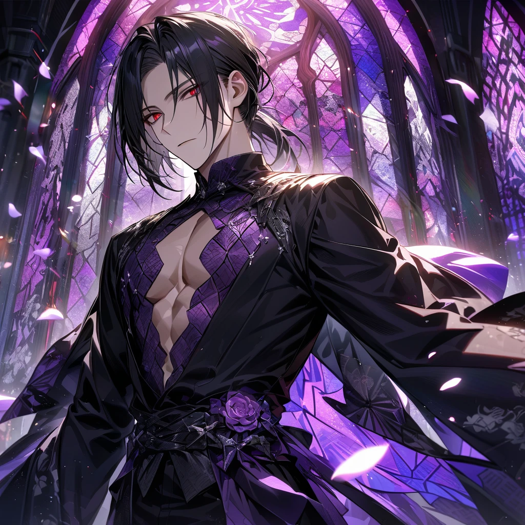 Ultra detailed, HDR, Highres, absurdres, master piece, Sebastian Michaelis, black hair, expressive red eyes, Kuroshitsuji, patterns, black tight shirt, purple stained glass, purple ice, petals, purple ice flowers, sexy man, solo, extremely detailed face and eyes, extremely handsome, glittering, toned chest, purple glass 