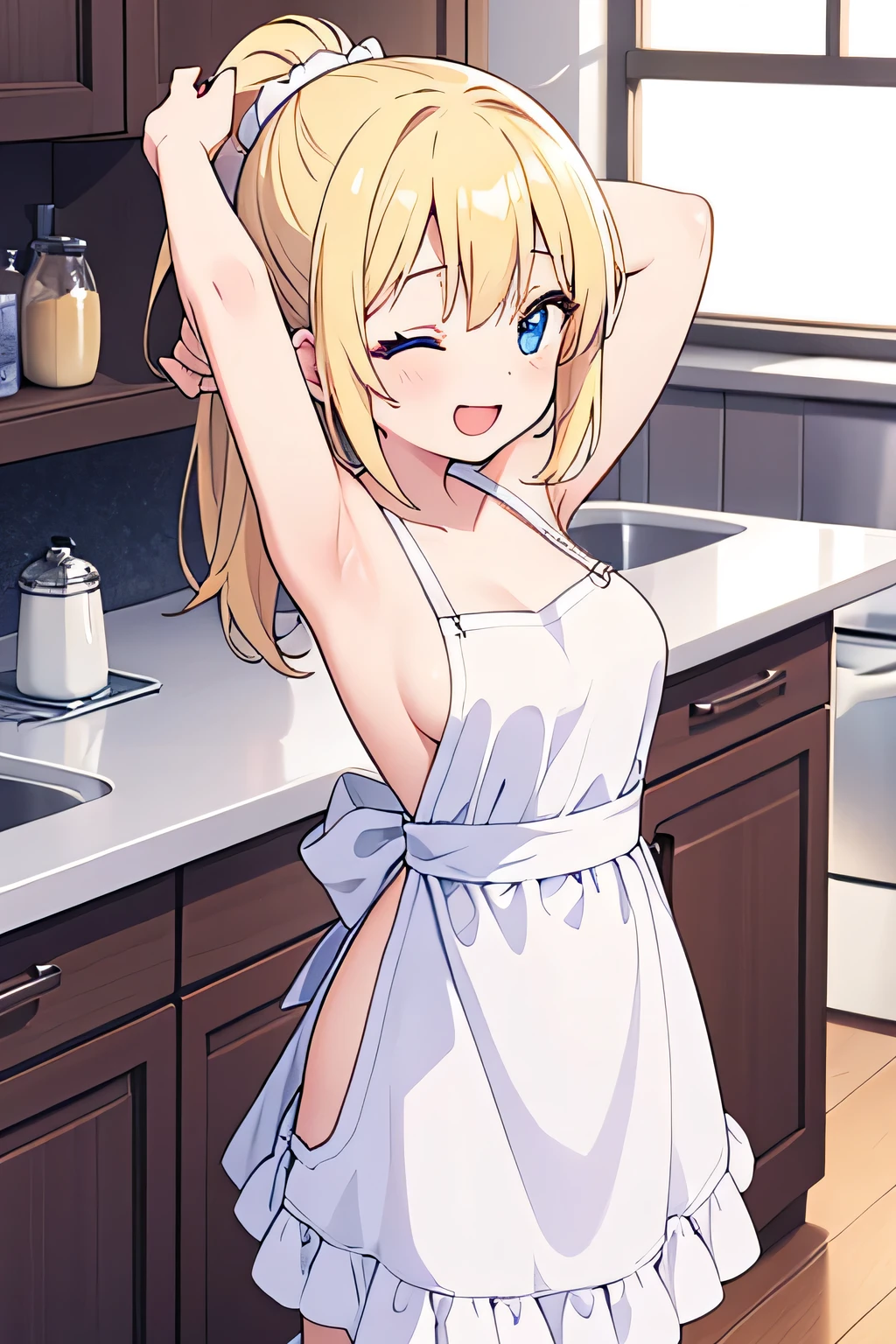 Naughty woman 、16 years old、Blonde ponytail、Hair longer than waist、plump breasts、slender、Laugh with your eyes closed、Twinkle smile、anime、pale blue eyes、Naked Apron、White apron、In the kitchen、Stretch out your arms、Turn your back