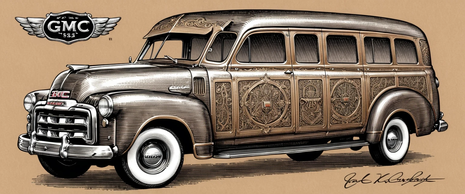 Black and brown drawing of an 1952 GMC Suburban CarryAll, on kraft paper, Karl Kopinski, fantasy, highly detailed, Vlop and Krenz Cushart, ornate detailing, Jean-Sebastian Rossbach, James Gene