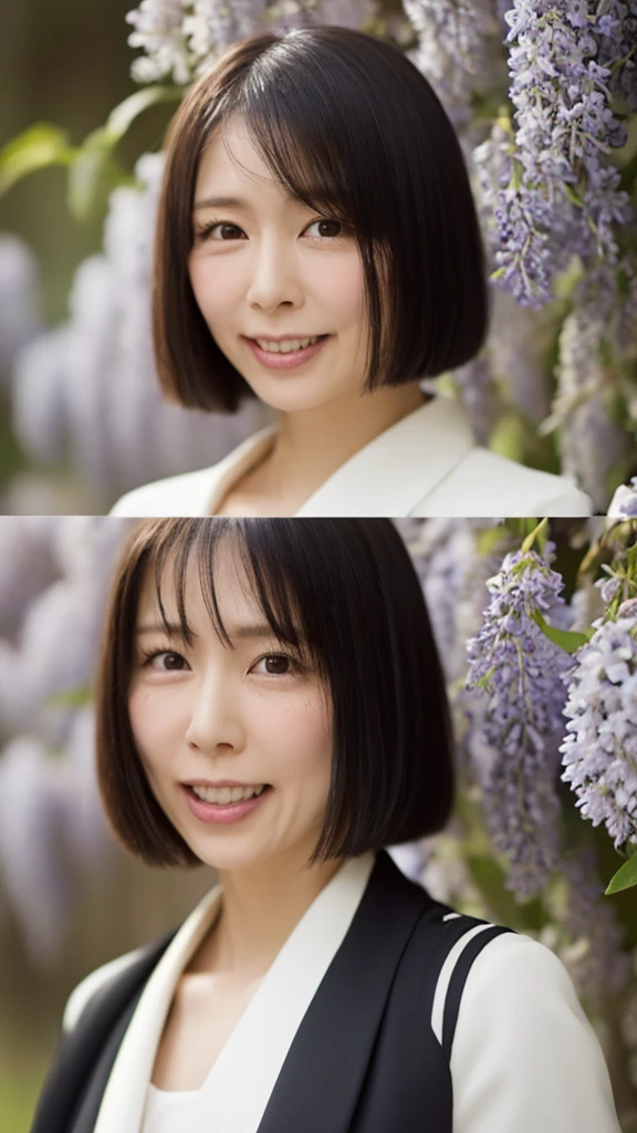 ((Top Quality)), ((8K)), ((Masterpiece: 1.3)), (Perfect Appearance), (Photorealism: 1.6), (Japanese woman's standing posture), (woman standing under wisteria trellis), japanese woman, (48 years old), ((Realistic skin texture)), (Fine wrinkles throughout the skin: 1.2), (Dull skin), (Skin without moisture) , (Wrinkles on the face: 0.9), (Wrinkles on the corners of the eyes: 1.2), Double eyelids, tear bags on the lower eyelids, The eyes are looking here, smile gently, (Dimples: 1.2), short hairstyle, jacket over white blouse, high heels, (whole bod), low angle, minami,
