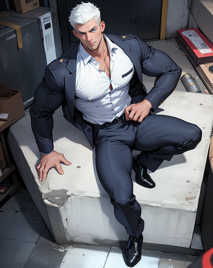 An alluring european man face, natural blue eyes, big feet, black socks, full body, a man in police uniform , large bulge, long legs, slim waist, looking at viewer, 30 years old, muscled and mature chest, short haircut, shirt button undone, blue eyes, flush, organism, confident face,  sweating armtip, tight cloth, bulge.