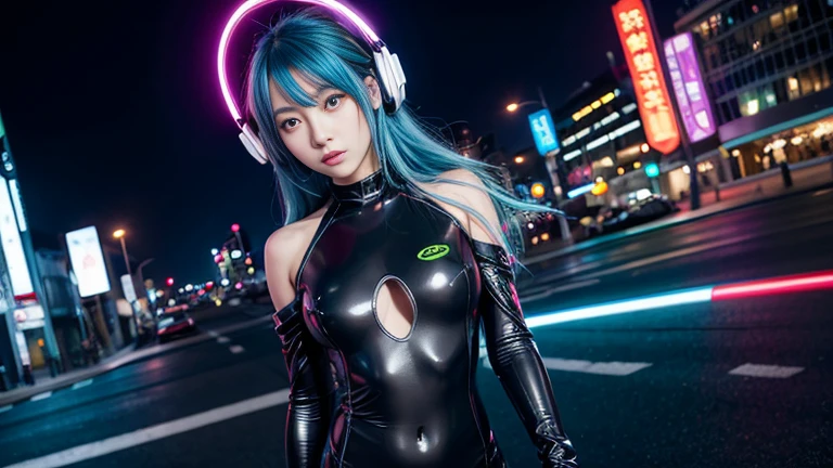 (masterpiece), highest quality, 超High resolution,Girl, サイバーパンク 1 美しい都市景観の上を飛ぶGirl ,Headphones,Blue Hair, Neon colorの流れ星, Very long hair, Off the shoulder, Neon color, Blink, Amazing night sky, Cinema Lighting, Realistic, Realistic Skin, High resolution,Fisheye Lens,Wearing a see-through transparent rubber suit,