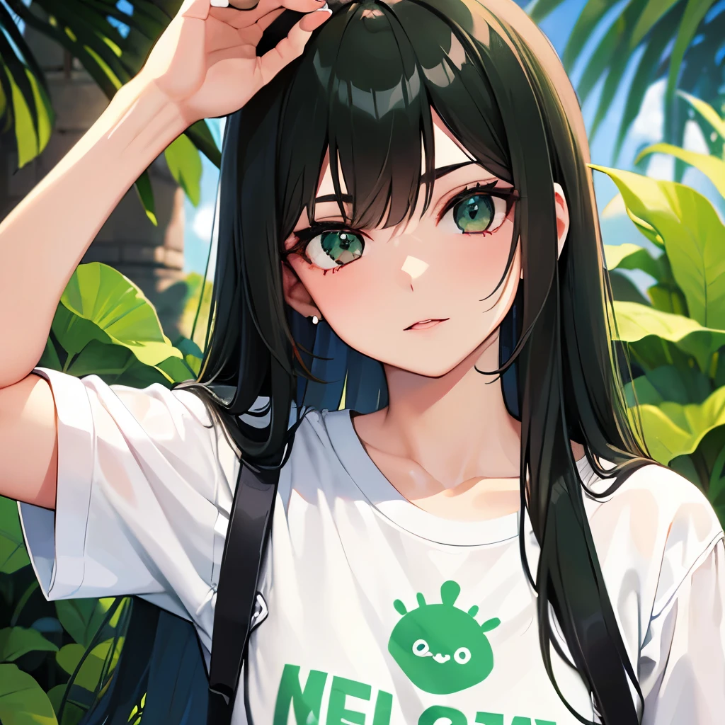 Mujer  caucasica  tez blanca, cabello largo lacio sin flequillo, ojos grandes  cafe oscuro con anteojos, camiseta verde menta con iniciales km