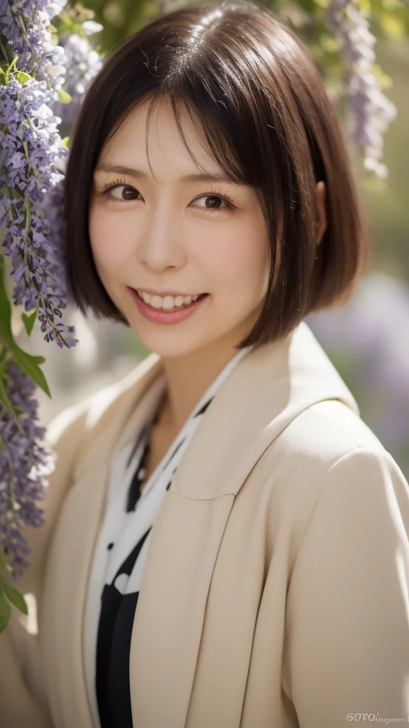 ((Top Quality)), ((8K)), ((Masterpiece: 1.3)), (Perfect Appearance), (Photorealism: 1.6), (Japanese woman's standing posture), (woman standing under wisteria trellis), japanese woman, (48 years old), ((Realistic skin texture)), (Fine wrinkles throughout the skin: 1.2), (Dull skin), (Skin without moisture) , (Wrinkles on the face: 0.9), (Wrinkles on the corners of the eyes: 1.2), Double eyelids, tear bags on the lower eyelids, The eyes are looking here, smile gently, (Dimples: 1.2), short hairstyle, jacket over white blouse, high heels, (whole bod), low angle, minami,
