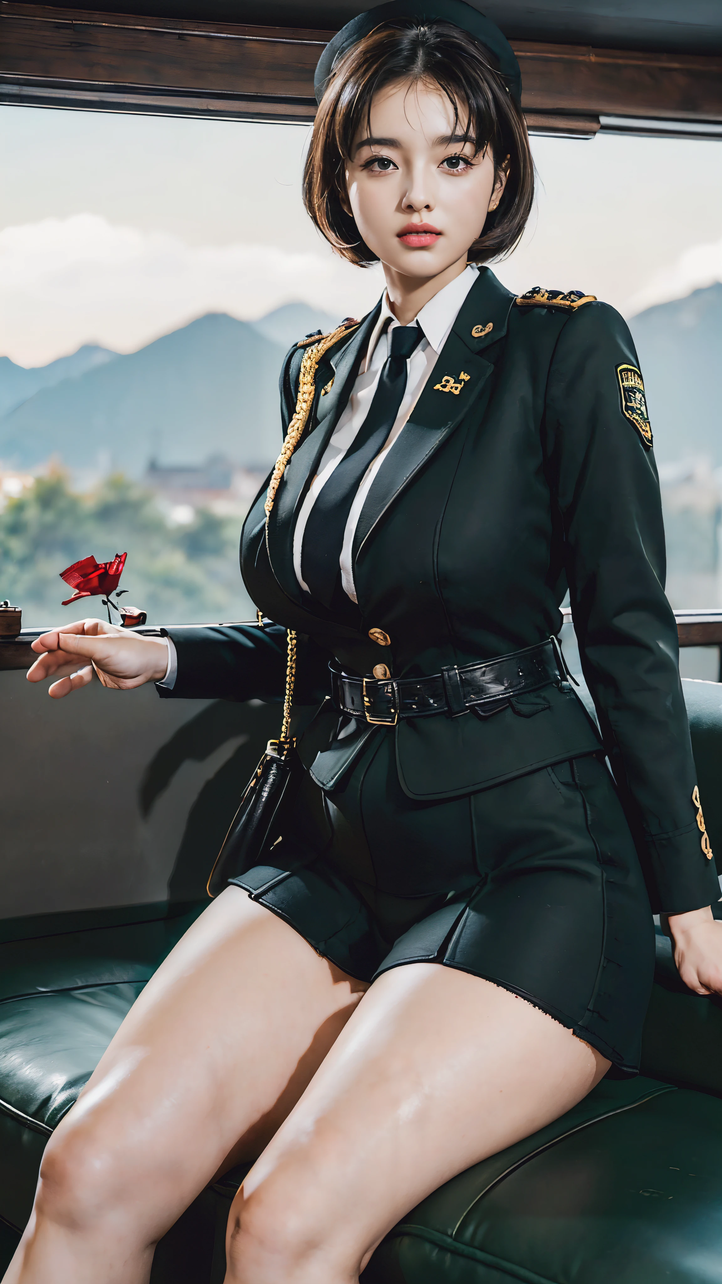 Usually detailed CG Unity 8K wallpaper，（tmasterpiece），（Best quality at best），（ultra - detailed），（ultra real photo），（best character detail：1.36），Nikon D750F / 1.4 55mm，RAW photos，profesional lighting， physically-based renderingt, 1 plump girl, girl soldier，(Dark green military uniform，Business suit，Fabric texture military uniform, perfect military composure)，(black necktie)，((white panty,))，bare-legged，Plump thighs,(military hat)，((Large wavy curls,curly hair, hair behind ear, (bob cut)):1.2)，the golden ratio,[:(Have a delicate face:1.2):0.2]:，PureErosFace_V1，Dark thick eyebrows,(gigantic breasts:1.55),(gigantic ass),(Plump thighs:1.45),(Wide crotch:1.55),((Place your finger to your breast):1.4)，Close-up shot，((Smile full of confidence， shy):1.35)，(((Close-up of panties),(Close-up of chest,closeup of face),Front view))，(Sunset sky，gentlesunlight，sunshine on face，(light shining on face)，blue-sky，Sunny smile，light glow)，white teeth，(looking at me)，(((thicc, bbwchan, thick thight, Wide hips, Buttocks swell crazily,🐎🍑,(Spread your legs widely:1.2),attractive pose,sexy pose,there  a woman in uniform sitting on a platform with her legs crossed, bare thighs, bare legs, seductive smile, film grain, cinematic lighting) )，azur lane style),spread legs,((Red flags fluttering)),black eyes，glowing skin，snow white skin，(Very close shot)，