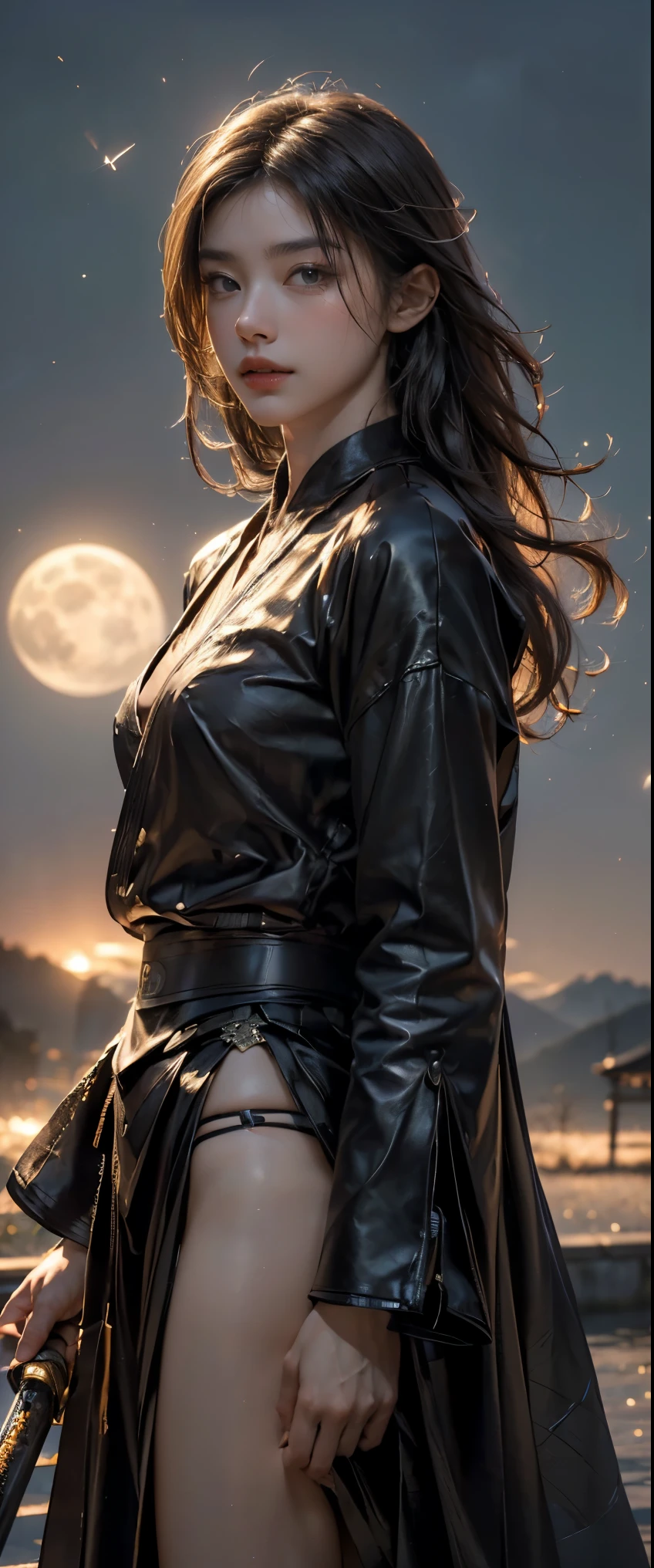 ((masterpiece, highest quality, Best image quality, High resolution, Realistic, RAW Photos, 8k)), ((Highly detailed CG synthesis 8k wallpaper)), floating, Huge crescent moon in the night sky,Modern Japanese suit and shirt、Partial samurai armor、Japanese sword、male