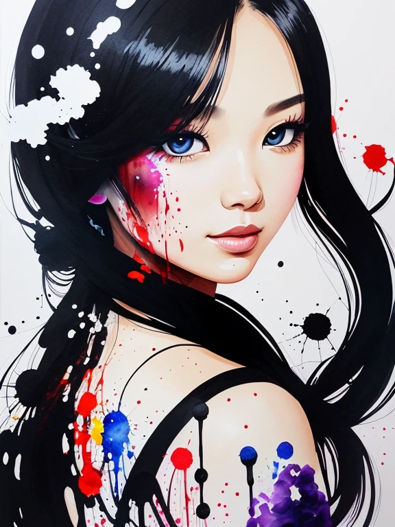 Ink splattering、A painting of a beautiful woman's face with ink drops falling on it, done with transparent watercolor paints --air 4:5 --s 500, cute