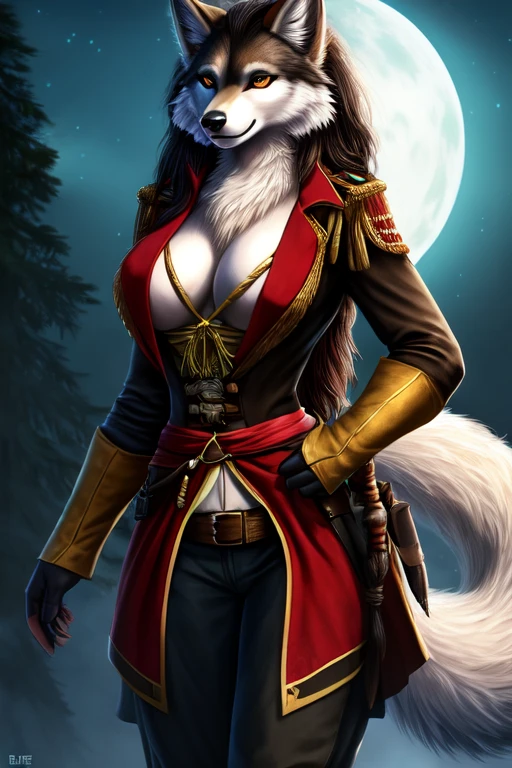 Female, anthro wolf, full breast, standing, perfect, realistic looking, fur body, fur all over, bioluminescent markings, very long hair, Pirate, fully clothed,