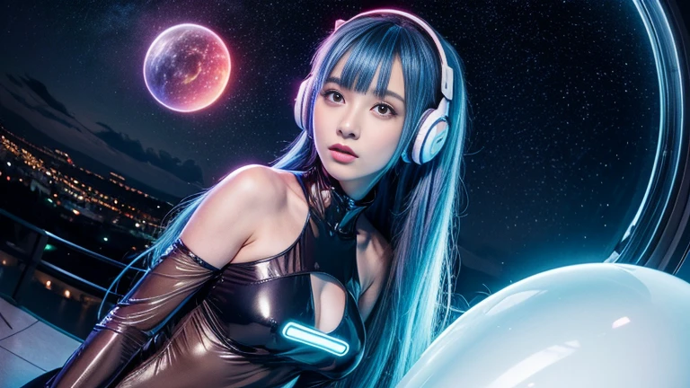 (masterpiece), highest quality, 超High resolution,Girl, サイバーパンク 1 美しい都市景観の上を飛ぶGirl ,Headphones,Blue Hair, Neon colorの流れ星, Very long hair, Off the shoulder, Neon color, Blink, Amazing night sky, Cinema Lighting, Realistic, Realistic Skin, High resolution,Fisheye Lens,Wearing a see-through transparent rubber suit,