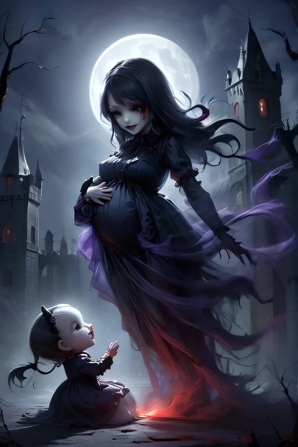 fantasy art 8k,masterpiece
pmmkr2024, creature, best quality, trending on artstation,baby girl being born from the abyss of the shadows of the void,2ghoulish nurses helping baby,souls I watch the birth of the baby,red moon,night,abandoned castle,haunted castle,gloomy,goth,creepy nurses