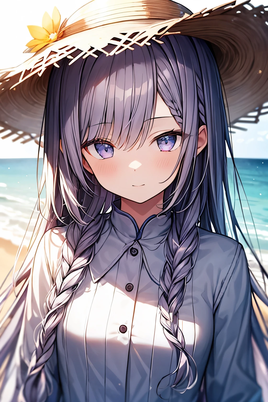 (Fine Illustration、Originality, best aesthetic sense),
(Full Color、Studio-level color grading),
BREAK
(Cute 17 year old girl。She has beautiful purple eyes、She has silver braided hair and wears a straw hat.、Wearing a white dress。Sunshine hits、The surroundings are sparkling),
Symmetrical eyes, highly beautiful detailed eyes, Big eyes,
anatomically correct, nice hands,
She is walking along the seashore。
BREAK
(Upper body portrait, Professional Lighting), The background is the seaside, Depth of written boundary,